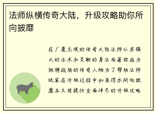 法师纵横传奇大陆，升级攻略助你所向披靡
